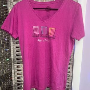 Life Is Good Women's V-Neck Tee in Magenta with Beach Chair Graphic